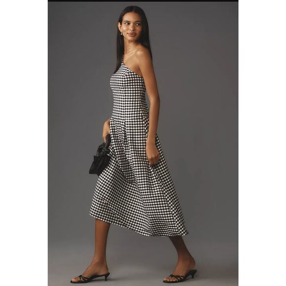 Anthropologie Dresses & Skirts - NWT By Anthropologie One-Shoulder Gingham Midi Dress $168 MEDIUM Black and White